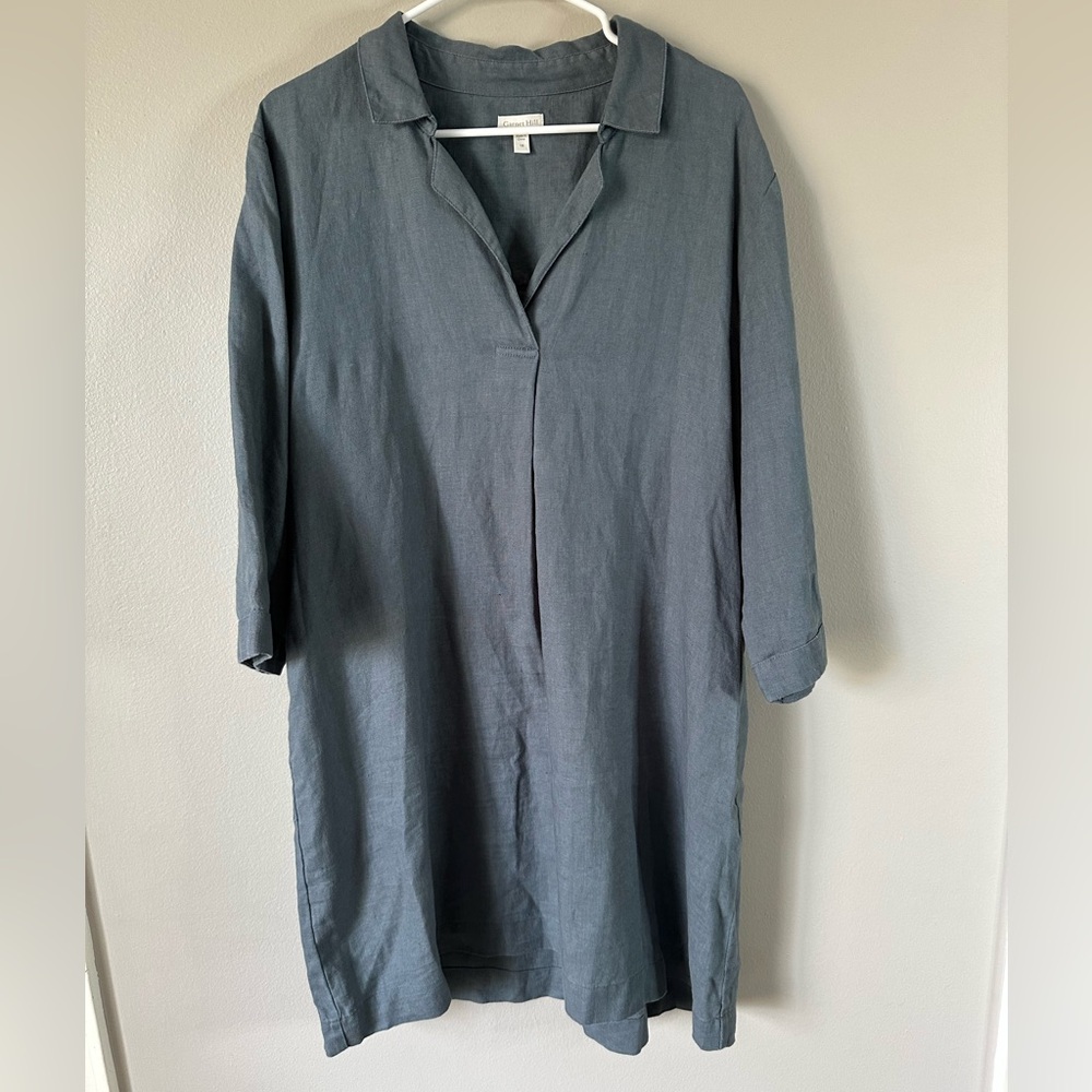 Garnet Hill 100% Linen 3/4 Sleeve Popover Dress in Blue Grey Size 18